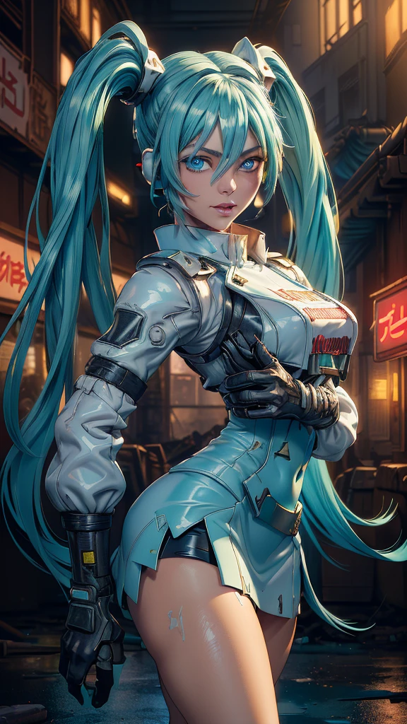 (best quality:1.4), (Masterpiece:1.4), (8k, realist, raw photo), (A high resolution, Ultra - detailed, actual), Miku Hatsune, (Ruined alley Tokyo cyberpunk dungeon ruins background :1.4), big breasts, dynamic pose, (green hair twin tails), (short white mini skirt:1.4), very long hair), Put your arms behind your back, (Beautiful blue eyes:1.4), relaxed face, eyebrow hair, shiny hair, (Ruined dungeon ruins background:1.4), shiny skin, a slight smile, Racing Miku, black body, short jacket, White jacket, long sleeve, two tone gloves, thigh high boots, (Ruined dungeon ruins background nublado lluvia :1.4), (Miku Hatsune:1.4), (Miku Hatsune V2.1), (Face details:1.5), (beautiful blue eyes :1.4), (beautiful face, labios Delgados:1.5), Delgado, pale and sharp eyebrows, long, dark eyelashes, double eyelashes), (perfect hands: 1.5), (Kinematics V2.1), (dynamic pose), (perfect anatomy), (detailed face :1.4), (not mutations) 