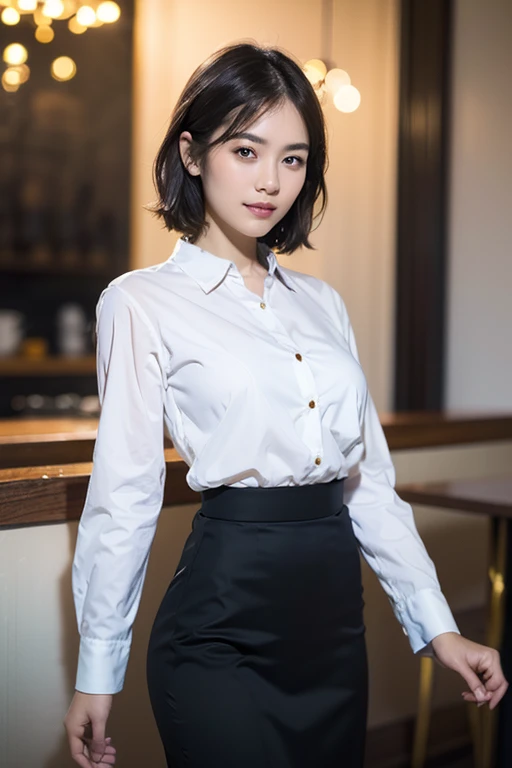 (a beautiful japanese woman with short hair, 23 years old, a gentle smile, wearing a collared shirt, a blue pencil skirt , in a coffee cafe, bokeh background, cowboy_shot, peace in simplicity, (best quality,4k,8k,highres,masterpiece:1.2),ultra-detailed,(realistic,photorealistic,photo-realistic:1.37),HDR,UHD,studio lighting,ultra-fine painting,sharp focus,physically-based rendering,extreme detail description,professional,vivid colors,bokeh,portraits,photography)