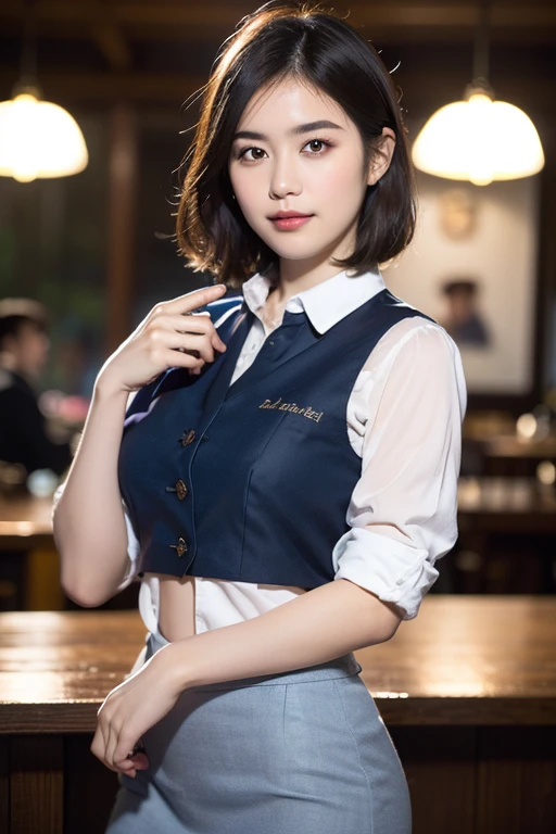 (a beautiful japanese woman with short hair, 23 years old, a gentle smile, wearing a collared shirt, a blue pencil skirt , in a coffee cafe, bokeh background, cowboy_shot, peace in simplicity, (best quality,4k,8k,highres,masterpiece:1.2),ultra-detailed,(realistic,photorealistic,photo-realistic:1.37),HDR,UHD,studio lighting,ultra-fine painting,sharp focus,physically-based rendering,extreme detail description,professional,vivid colors,bokeh,portraits,photography)