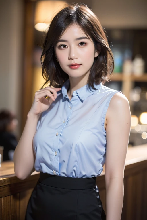 (a beautiful japanese woman with short hair, 23 years old, a gentle smile, wearing a collared shirt, a blue pencil skirt , in a coffee cafe, bokeh background, cowboy_shot, peace in simplicity, (best quality,4k,8k,highres,masterpiece:1.2),ultra-detailed,(realistic,photorealistic,photo-realistic:1.37),HDR,UHD,studio lighting,ultra-fine painting,sharp focus,physically-based rendering,extreme detail description,professional,vivid colors,bokeh,portraits,photography)