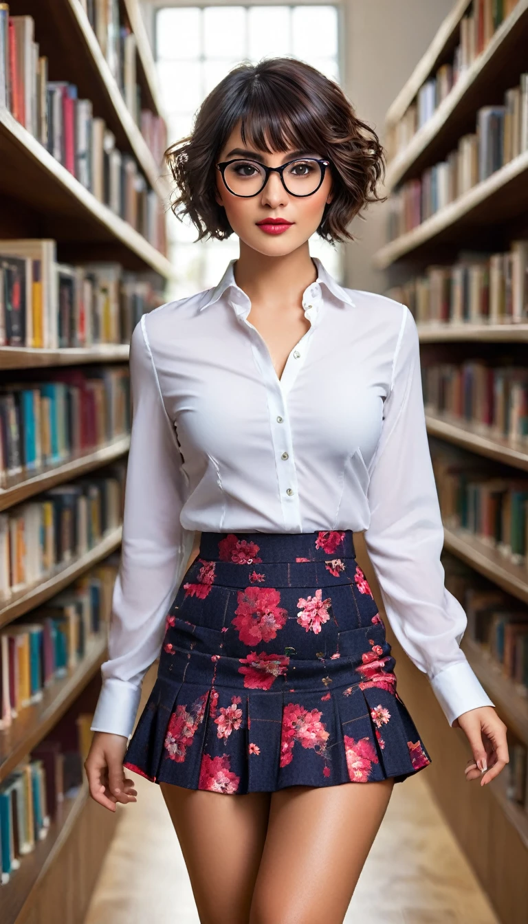 (((beautiful beautiful Isabela Merced, posing for uploadss, looking sexy, ruffled lips, Short and curly hair in different colors, extremely pretty eyes))), ((wearing floral silver necklace)), realistic uploadsgraph, highy detailed, Foco do pointed, (Main lighting), (indoor bookstore environment), Artwork, extremely pretty, Perfect beauty, (perfect shape body, Broad Hips, small waist, thick-thighs, firm abs, Body cute, knees, knees, focus on the knees, breasts small), short hair of different colors with bangs, short hair with bangs of different colors cobrindo a testa, short hair with bangs of different colors ((((short hair of different colors with bangs cobrindo a testa)))), ((30 years old)), (extremely detaild 8k wallpaper), ((face detailed)), (((wearing open white shirt, microsaia curta de tweed, knees, knees, very short skirt)), (long dark eyelashes), (looking at the camera), (((cleavage))), (glamor model), (seductive facial expression) (((standing between high shelves full of books))), extremely detaild, Artwork, Intricate details, highy detailed, Foco do pointed, skin detailed, realistic skin texture, texture, detailedeyes, high resolution, best quality, high resolution, (Artwork, maximum quality, high resolution:1.4), uploads, cinematic, film grain, pointed, soft natural light, magic uploadsgraphy, super verbose, ((whole body: legs 1.7)), librarian glasses, nerd glasses, ((pleated miniskirt: miniskirt 1.6)), unbuttoned blouse with cleavage, bellybutton, navel, cleavage, (Head to knee, all-body: knees 1.3), horny, lascivious, provocative, panties, raised knee, knee lift, horny, lascivious, provocative, knee lift, (((knee))), (((knee lift))), (((knee:. knee 1.3))), Knee, Knee Lift, Raised Knee, Focus on Knee
