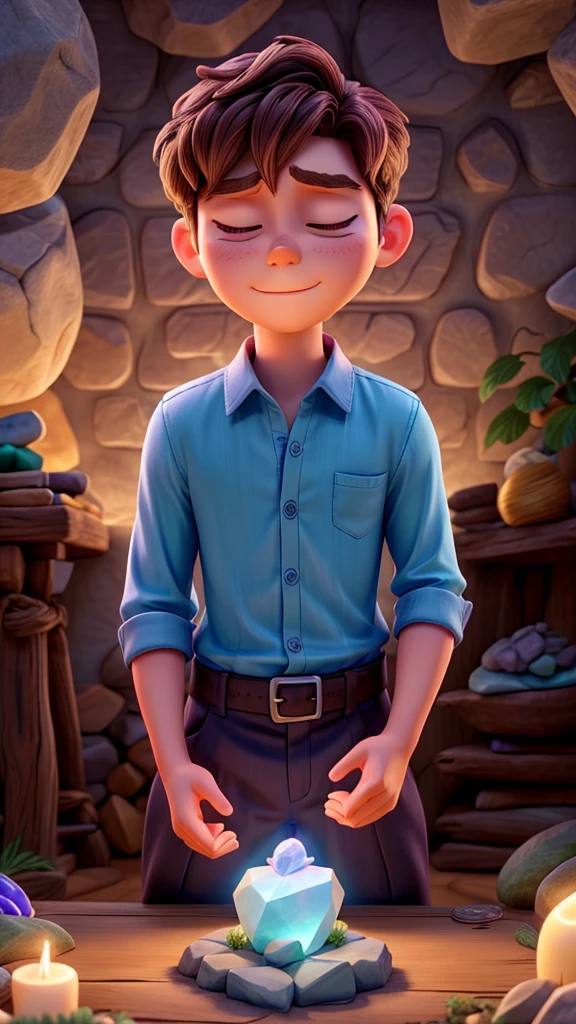 Elowen closing his eyes in front of the glowing gemstone, making a heartfelt wish, with a soft glow enveloping him, and "The Whisper" in the background, HD, 4K, HIGH RESOLUTION