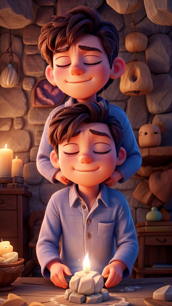 Elowen closing his eyes in front of the glowing gemstone, making a heartfelt wish, with a soft glow enveloping him, and "The Whisper" in the background, HD, 4K, HIGH RESOLUTION