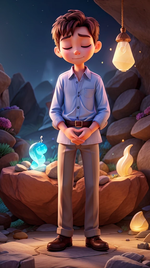 Elowen closing his eyes in front of the glowing gemstone, making a heartfelt wish, with a soft glow enveloping him, and "The Whisper" in the background, HD, 4K, HIGH RESOLUTION