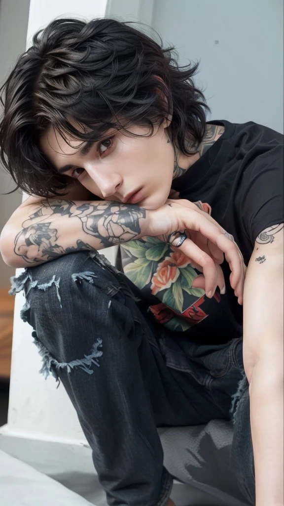 man with tattoos resting his head on his hand, beautiful androgynous girl, androgynous, androgynous person, androgynous male, androginy, beautiful androgynous prince, finn wolfhard, androgynous face, an epic non-binary model, profile image, delicate androgynous prince