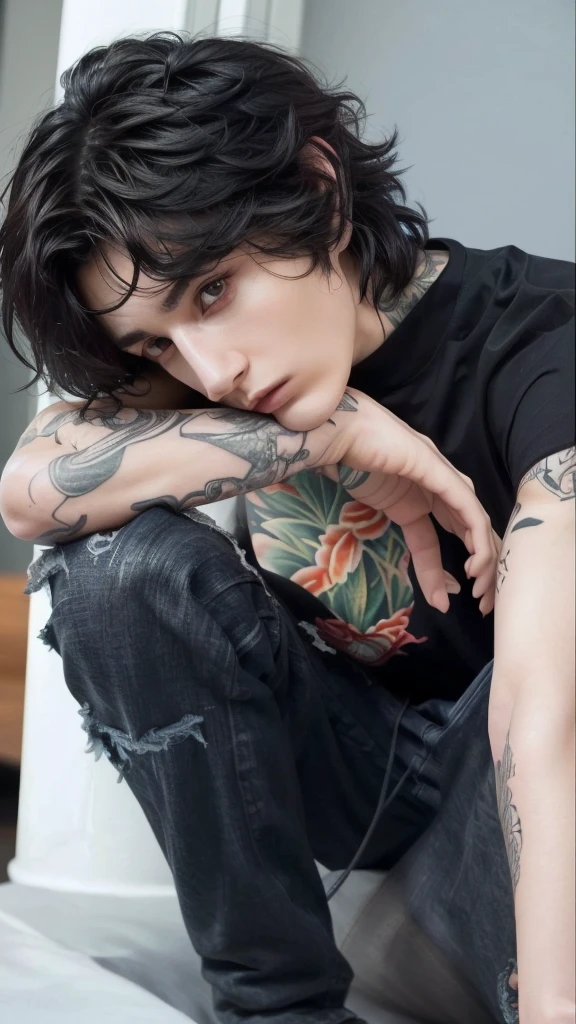man with tattoos resting his head on his hand, beautiful androgynous girl, androgynous, androgynous person, androgynous male, androginy, beautiful androgynous prince, finn wolfhard, androgynous face, an epic non-binary model, profile image, delicate androgynous prince
