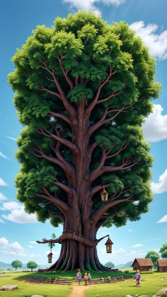 A vibrant "Whisper" tree, now seemingly more alive, with joyful villagers around Elowen, symbolizing community, connection, and the enduring magic of the village., HD, 4K, HIGH RESOLUTION