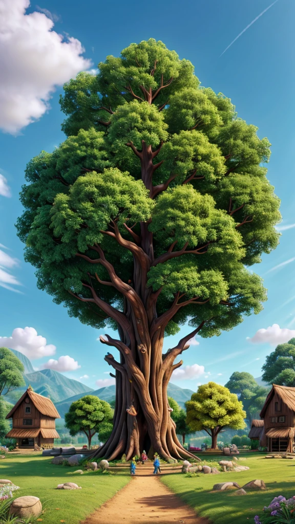 A vibrant "Whisper" tree, now seemingly more alive, with joyful villagers around Elowen, symbolizing community, connection, and the enduring magic of the village., HD, 4K, HIGH RESOLUTION