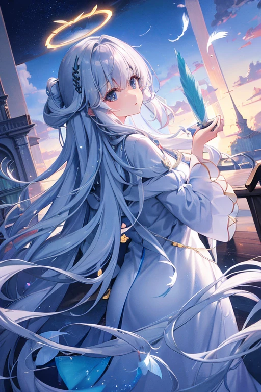 (girl,anime girl) wearing a hat and a blue dress, (wallpaper,figure,Fine art:pencil:1.1,anime:muted) and (soft,Blurred,Flowing,Wavy) Blue Water (background,As a motif). The girl (big,Expressive:1.1) eye, (small,delicate) lips, and a (Hilarious,Contemplative:dream-like) Her expression. she has (length,Flowing:Silver) gently hair (Blowing in the wind, Frame her face) and (length,Obelisk:detailed) eyelash. The scene is (Brightly lit:Warmly lit) and (soft,nature:sunlight) Streaming from window, casting (subtle,kind) shadows on the girl's face and the surrounding area. The big picture is (high quality,4K:1.2,ultra-detailed,Realistic) (anime,figure) artwork, and (Vibrant,Vivid) colors and (shading,blend:1.1),back、Butt Zoom