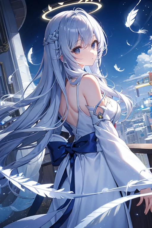 masterpiece, Highest quality, High resolution，Follow the on-screen instructions、Anime Style、Follow the prompts、One Girl、Long silver hair、Halo、Floating in the air、Use magic、A big ribbon hides her nipples、Angle is behind、Town、