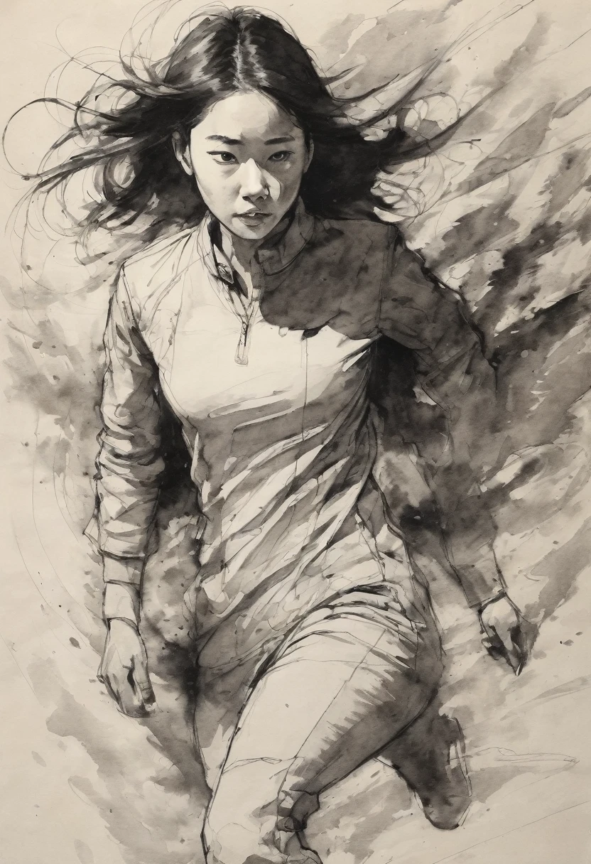(best quality, high resolution, masterpiece:1.2), Super detailed, actual:1.37, black ink sketch, smooth lines, Expressive facial expressions and gestures, simple background, Emphasis on light, shadow and spatial perception, Abundant negative space, young girl desvistiendose. con el estilo de Kim Jung Gi. En una perspectiva multiple