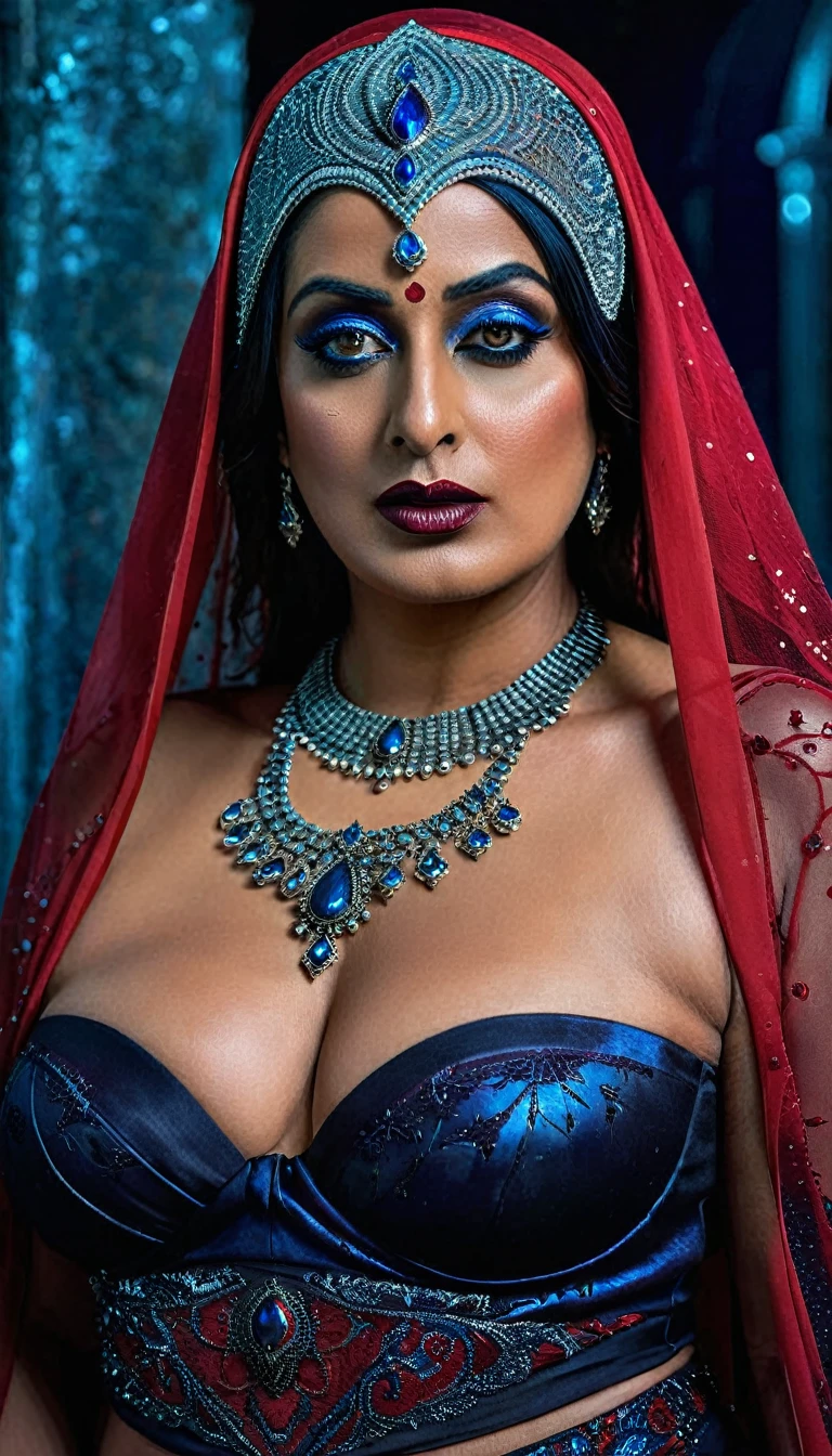 Looks like Mahie Gill, full body Closeup shot, Big chubby aunty, milf, cougar lady witch, horny Gothic milf,  70 years old gorgeous mature lady, pervert demoness, demoness of lust, curvy, black lips, horny face, extremely gorgeous, thick figure, heavy physique, voluptuous, curvy, sexy figure, Fashionable portrait of androgynous alien looking witch wearing veil, glowing eyes, futuristic design, minimal details, givenchy, photoreal, 200mm, hd, f/ 2.0, highly detailed, surreal, sexy beautiful evil woman, sexy bold sequin Saree with strapless Bra, chudail, Pishachini, horror genre, blood-thirsty enchantress, powerful female spirit, eerie, drop dead, in the style of red and blue, (intricate details, hyperdetailed:1.15) (skin texture:1.2), dark Moody tone, cinematic lighting, haunted place in background, 