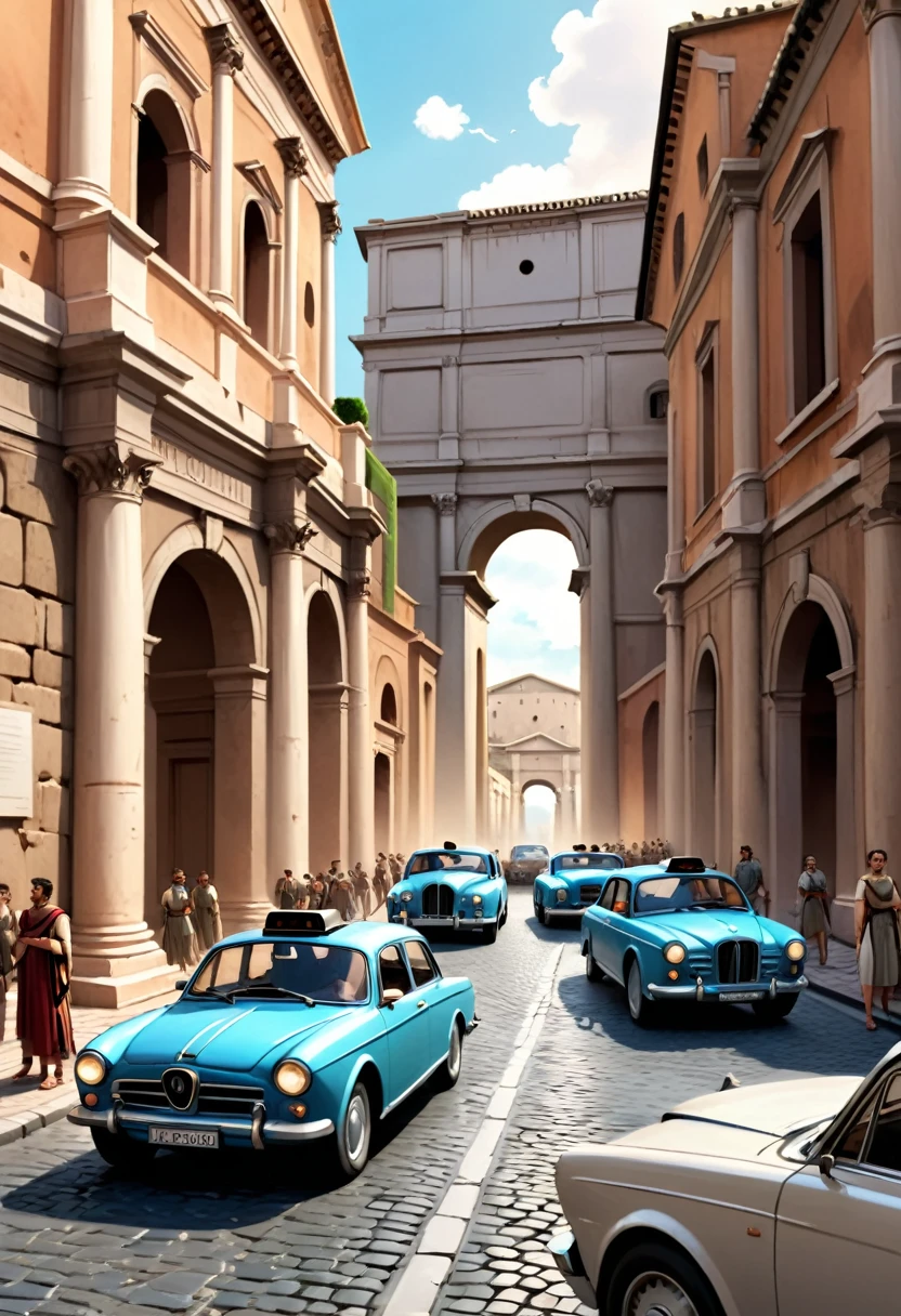 Hyper-realistic digital painting of Ancient Rome with the sudden presence of modern technology. Roman soldiers and citizens react with astonishment as a sleek, modern car drives through the cobblestone streets. The grand architecture of Rome, including the Colosseum and temples, is beautifully detailed. In the foreground, a time traveler in casual modern clothing takes a photo with a smartphone, blending the past and present in a captivating way. Cinematic composition, trending on ArtStation.