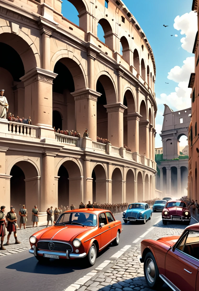 Hyper-realistic digital painting of Ancient Rome with the sudden presence of modern technology. Roman soldiers and citizens react with astonishment as a sleek, modern car drives through the cobblestone streets. The grand architecture of Rome, including the Colosseum and temples, is beautifully detailed. In the foreground, a time traveler in casual modern clothing takes a photo with a smartphone, blending the past and present in a captivating way. Cinematic composition, trending on ArtStation.