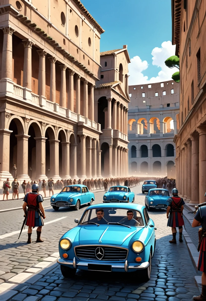 Hyper-realistic digital painting of Ancient Rome with the sudden presence of modern technology. Roman soldiers and citizens react with astonishment as a sleek, modern car drives through the cobblestone streets. The grand architecture of Rome, including the Colosseum and temples, is beautifully detailed. In the foreground, a time traveler in casual modern clothing takes a photo with a smartphone, blending the past and present in a captivating way. Cinematic composition, trending on ArtStation.