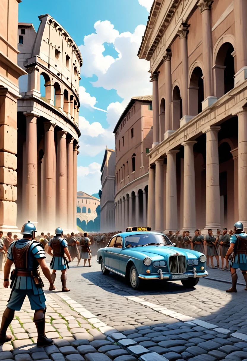 Hyper-realistic digital painting of Ancient Rome with the sudden presence of modern technology. Roman soldiers and citizens react with astonishment as a sleek, modern car drives through the cobblestone streets. The grand architecture of Rome, including the Colosseum and temples, is beautifully detailed. In the foreground, a time traveler in casual modern clothing takes a photo with a smartphone, blending the past and present in a captivating way. Cinematic composition, trending on ArtStation.