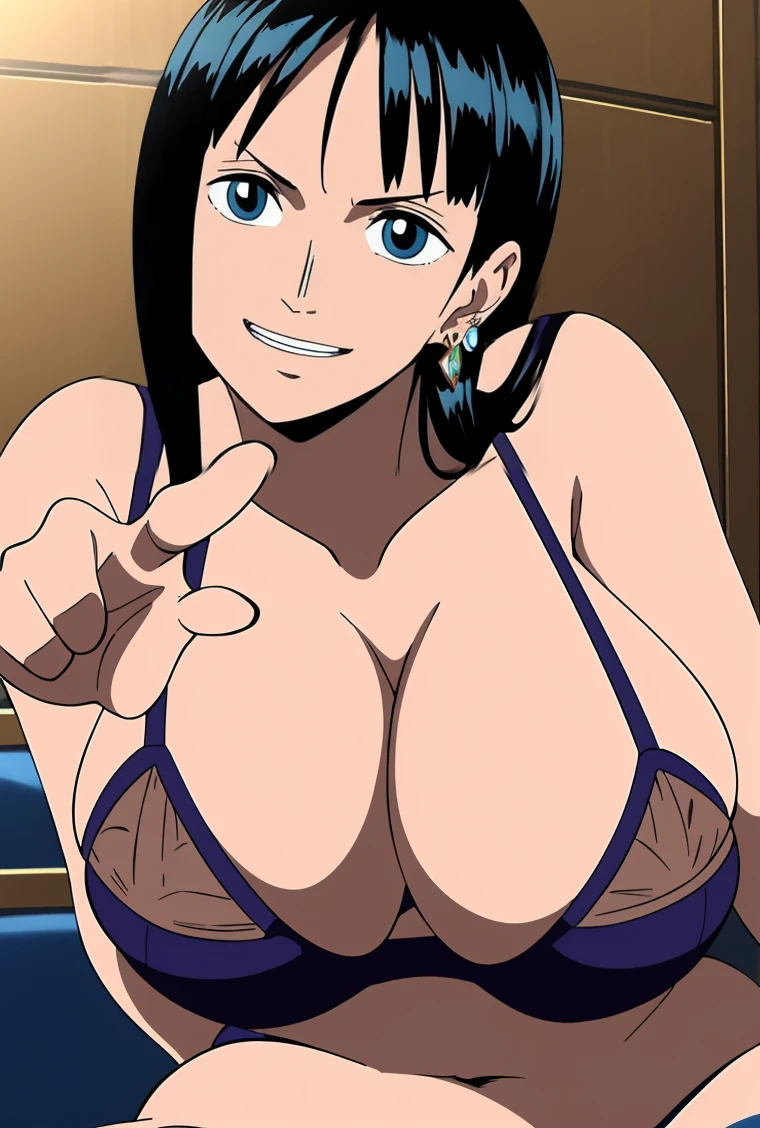 Nico Robin,1girl,
looking at viewer,smile,parted lips,
Lingerie,(((( panties))))、(((Cowboyshot))), (((smile coolly)))、best quality, masterpiece,((( over  the  ship))),1girl 、(((Light brown lingerie highest quality、Light Brown bra and light brown panties, Writing about underwear is complicated、The delicate pattern of)))、(((huge breasts))), Beautiful sunlight on the ship, One Piece character nico robin, long black hair, extremely beautiful, looking at the viewer, standing in a lingerie.(top-quality, 8K, masterpiece:1.3)), A detailed eye, (looking at from the front), Look at the camera, ((Everything is sparkling、reflecting light:1.2)), (portrait), 1 person, nico robin ((one piece)), Beautiful woman with perfect body, Highly detailed facial and skin texture, all fingers pointing at viewer,(((Beautiful　Light Brown lingerie highest detail)))、nico robin、Long black hair、Big Eyes、Serious expression、clear lips、Arched eyebrows、Smooth nose、Earrings、Bangs flowing sideways、
((Drawing style of One Piece manga series)