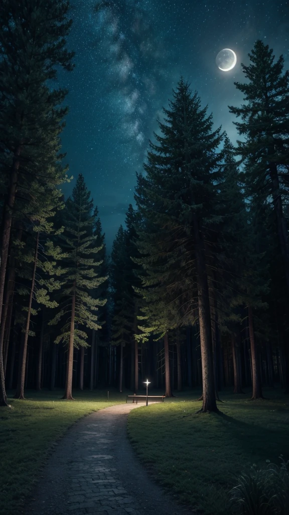 A beautiful park of trees at night with moonlight and stars photo landscape realistic and fantasy style