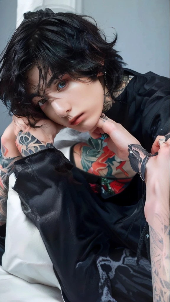 man with tattoos resting his head on his hand, beautiful androgynous girl, androgynous, androgynous person, androgynous male, androginy, beautiful androgynous prince, finn wolfhard, androgynous face, an epic non-binary model, profile image, delicate androgynous prince