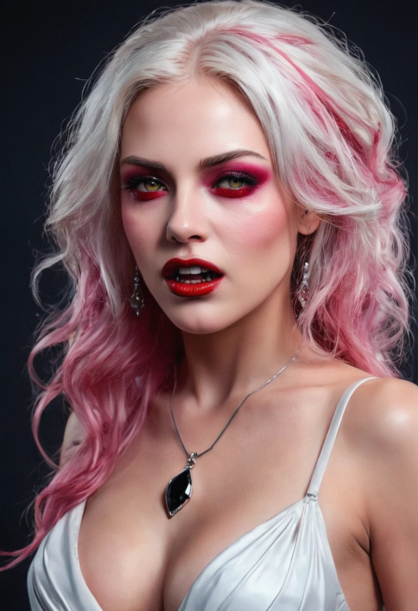 aa portrait of vampire with a bloody tear coming down from he eye, an exotic beautiful female vampire, pink hair color, dynamic hair style, ultra detailed face, best detailed face, silver eye color, ((1single red teardrop: 1.3)), ((tear drop made from blood)), ((teardrop coming down from the eye: 1.3)), small cleavage, wearing two black diamond earrings, Ultra-high resolution, High Contrast, (masterpiece:1.5), highest quality, Best aesthetics), 16K fantasy art, best details, best quality, highres, (ultra wide angle: 1.2), 16k, [ultra detailed], masterpiece, best quality, (extremely detailed), ladyshadow, magical sky, crying style, vampire teeth