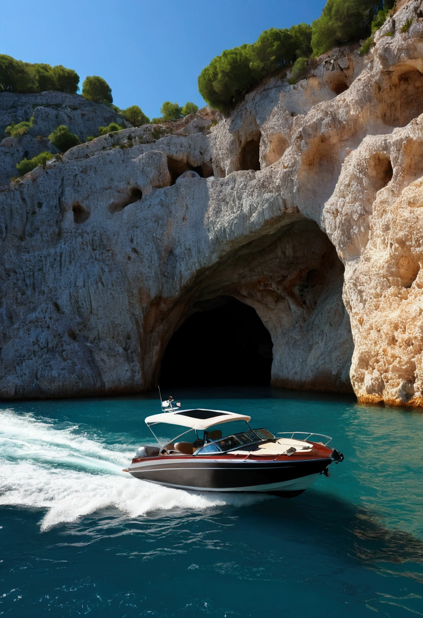 realistic photo of a ((nice motorboat)) lit by the sun, beautiful water caves in background, beautiful colors, 4k, detailed, details, HD
