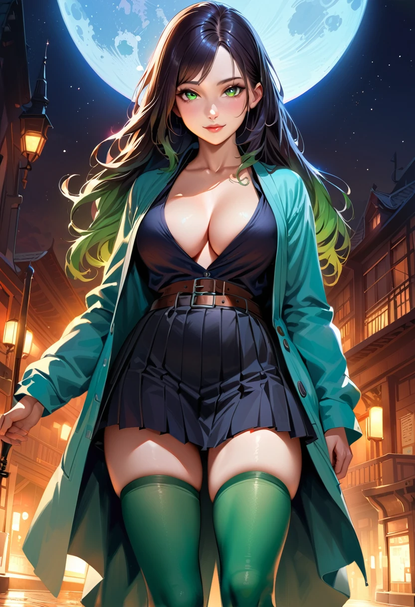 (masterpiece, best quality:1.4), (full body), (standing:1.5), (front shot), 1girl, solo, (european youth:1), (sexual), 1girl, (upper body), (standing), Mitsuri, (gradient hair color:1.5), (long hair:1.5), seductive expression, (green eyes:1.4), (erotic), cleavage, (demon_slayer_uniform:1), smile, long_sleeves, looking_at_viewer, japanese_clothes, (haori), cleavage, jacket, open_clothes, skirt, belt, (black_skirt:1.2), pleated_skirt, thighhighs, (green_thighhighs:1.5), zettai_ryouiki, sexy smile, beautifull fieldat night, moon at the sky, moonlight, beautiful face, highly detailed face, highly detailed skin, skin pores, subsurface scattering, realistic pupils, full face blush, full lips, detailed background, depth of field, volumetric lighting, sharp focus, absurdres, realistic proportions, good anatomy, (realistic, hyperrealistic:1.4), 16k hdr,