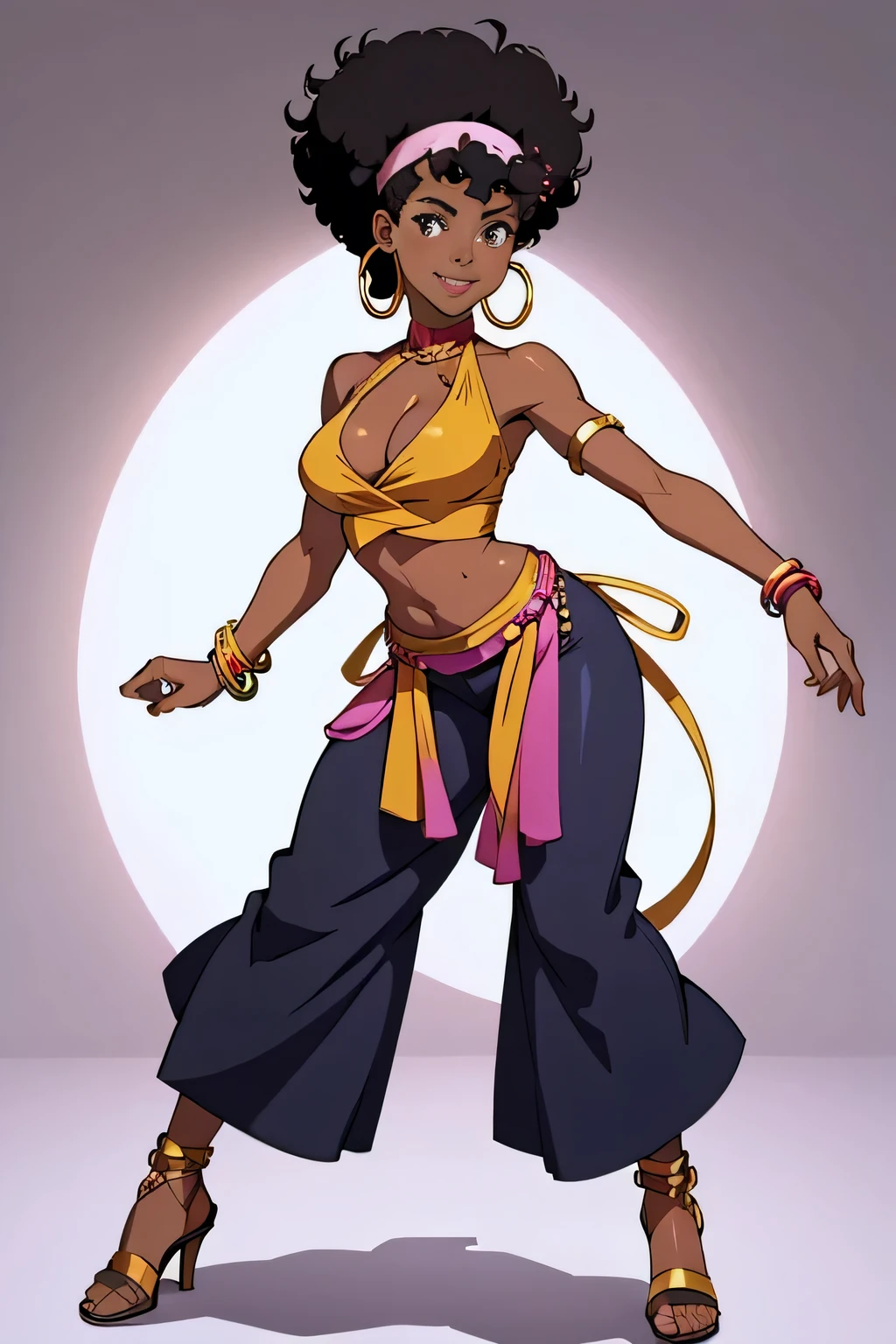 white background, one woman, full body, black woman from an 90s anime, 90s anime fog, static like from an 90s anime, 1990s \(style\), dancing, happy, short afro hair, black afro, curly black hair, smile, mouth closed, mysterious, brown skin, action anime, bandana headband, disco outfit, loose flare pants, beaded halter top, cleavage, disco girl outfit, african woman, dark skin, gold bracelets, hoop earrings, blank background