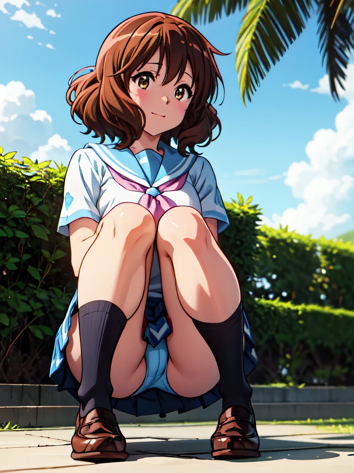 kumiko oumae, kumiko oumae, (brownのeye:1.5), 茶hair, short hair, ウェーブのかかったhair, Hot Face, blush, Sailor suit, , high school girl, Red ribbon, Downward, smile, very cute and beautiful girl,Teen,(Very detailedな美しい顔),
(Highest quality,masterpiece),Absurd,High resolution,Very detailedな,Very detailed,32K,8k resolution,  (Perfect hands, Perfect Anatomy),(Realistic, photo Realistic:1.2), ((Highest quality)), Shift the center of gravity backwards, Quite embarrassing, you_Kumiko_Euphonium Sound, brown_hair, short_hair, brown_eye, blush, Seraphim, 前hair, Bloomers, Gym suit, Sports boots, (Sit on the ground:1.4), Place your heels on the ground, (Spread your legs:1.2), Squat with your knees raised, Put your butt on the ground, Black Penny Loafers, Beautiful facial details, Real human skin, Gentle expression, Front view, angle From below, Realistic, photoRealistic, 校gardenでしゃがむ, whole body, (Looking at the audience:1.2), from before, From below,　 (Perfect hands, Perfect Anatomy),　High quality anime、High resolution, Kumiko、Tabletop, One Girl、Kitauji High , neckerchief, Pink neckerchief, プリーツskirt, , Seraphim, Wear a white shirt, Short sleeve, skirt, White shirt、水色のskirt、Light blue uniform、garden、beautiful flower々満開のgarden、amusement park、Cowboy Shot、[3D Images:1.5],[[魅力的なeye,詳細なeye、輝くeye, カラフルなeye:1.15],whole、Observe your audience、View from the front、 8k images,Cute anime girl, 白いSailor suit, Seraphim, anime girl in bikini standing on a beach with palm trees, wallpaper anime blue water, 4,JPY 000 manga wallpaper, anime moe artstyle, anime! 4K, anime! 4,JPY 000, seductive anime girl, 4K anime wallpaper, ultra hd anime wallpaper, Realistic Bikini, Red cute tie, [ 4,JPY 000 digital art ]!!, ecchi anime style, anime girl sitting on bed with arms crossed, an anime drawing by Jin Homura, Pixiv, Tropical Hair Ribbon, anime moe artstyle, cute anime girl, I also make fan art,  , Oumae Kumiko, anime best girl, anime visual of a cute girl, young anime girl, an anime girl, pretty anime girl, anime girl, Very detailed、masterpiece、Highest quality、Ultra-High resolution energy A、8K High resolution、Photogenicity、詳細なeye、Gradation、Perfect Anatomy的体型 ,hard disk、Hmph (English) ,Nikon Z9 80mm Lens , Tabletop、Model standing、Dark pink lace panties、White tight T-shirt、The dress is made of white lace material(((Show me all my panties)))、(((skirtは間違いなく着古されている)))、(((skirtの裾を上げる)))、Panty Focus、Too bright natural light、sunlight、Detailed lace panty pattern、Regular Panties、(((While standing, skirtを上げてカメラにパンティを見せましょう)))、(((Beautifully trimmed white teeth)))、(((Lift the skirt Greater than and、 Greater than,、Show your panties to the camera)))、Ultra slim body, Big Breasts、Slender model body type、Beautiful posture, By subway、extremely hVery detailed、masterpiece、Highest quality、Ultra High resolution A、8K High resolution、Photogenic (Perfect hands, Perfect Anatomy),