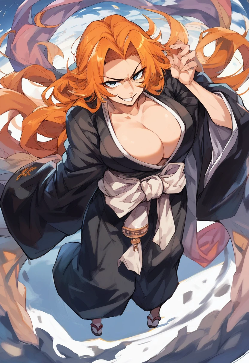 Rangiku Matsumoto in a Black Kimono, sexy pose, smirking face, insanely detailed and intricate, High quality, high coherence, deep focused image, full-length photo, anatomically correct, long orange hair, cleavage, perfect nose, perfect eyes, looking at viewer, in a ancient Japanese city, at night, hypermaximalist, beautiful, appealing, attractive, super detailed,