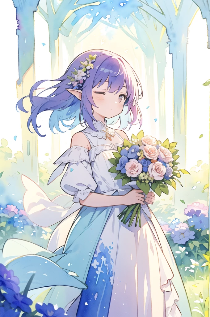 masterpiece, best quality, girl with bouquet, ethereal magical atmosphere, peaceful, colorful, IrisCompiet, watercolor \(medium\)