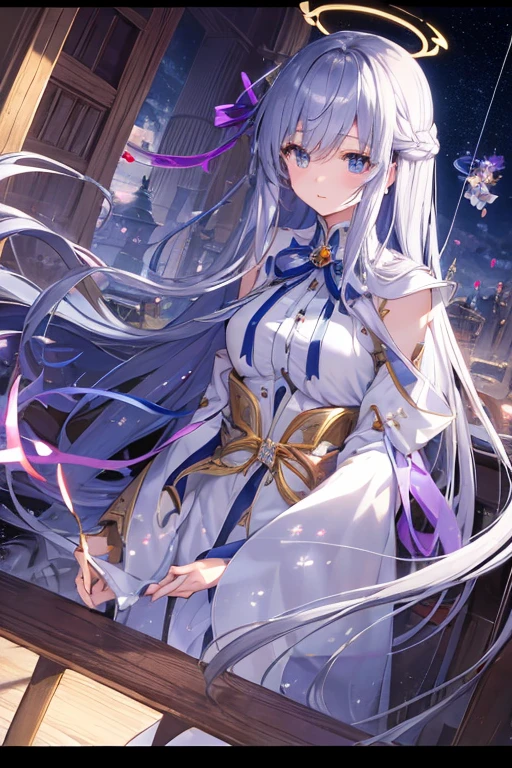 masterpiece, Highest quality, High resolution，Follow the on-screen instructions、Anime Style、Follow the prompts、One Girl、Long silver hair、Halo、Floating in the air、Use magic、A big ribbon hides her nipples、Angle is behind、Town、