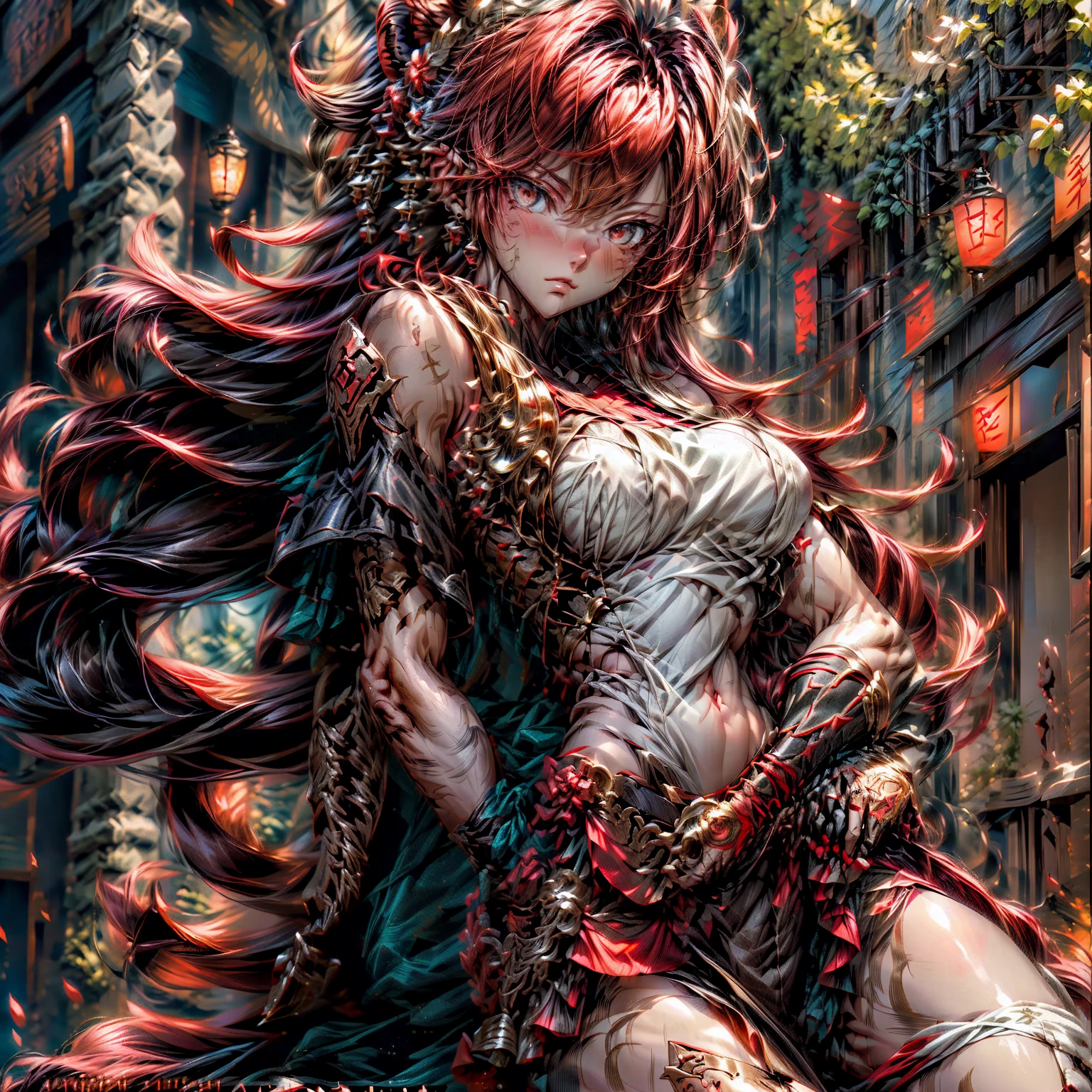 Anime style fierce young handsome male warrior, messy reddish brown hair, bright scarlet red open eyes, wearing a black Ninja sleeveless suit with gold accents, naked arms, holding a flaming sword, blur the background to create a three-dimensional effect, atmosphere, muscular body, golden dragon emblem on chest, black and red gloves, ultra details, life size, high detailed eyes texture, perfect anatomy, standing on a mountain peak with volcanic eruptions in the background, during sunset, pure skin, muscular body build, glowing dragon emblem on chest armor, smooth messy hair, detailed pure skin texture, dynamic fighting pose, Full HD, 4K, HDR, perfect anatomy, Depth of field, detailed beautiful digital art work, close up, ultra details, Anime art style, realistic atmosphere, ultra detailed eyes textures, beautiful digital art work” 