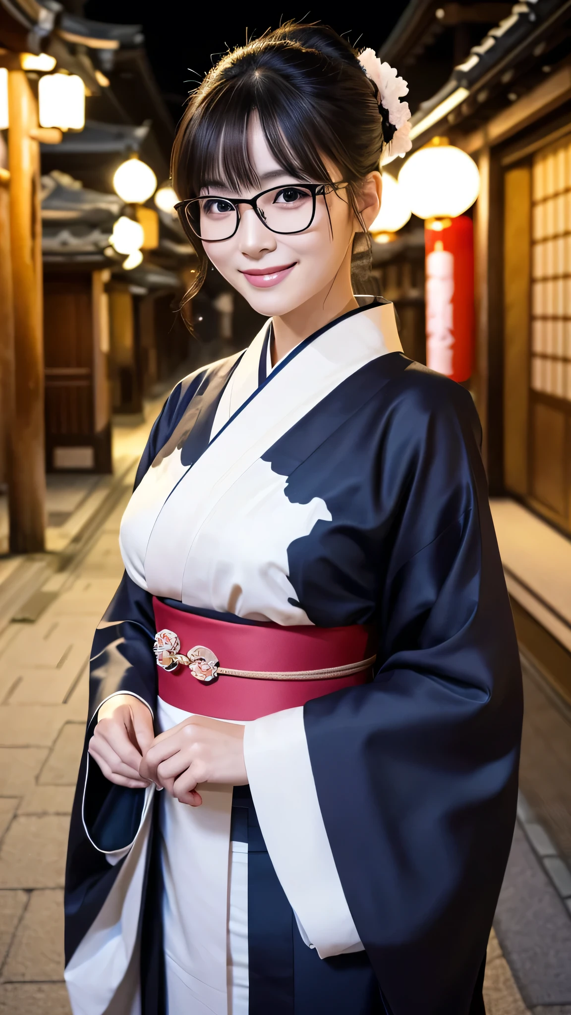 (Super beautiful woman in kimono)、((highest quality、8K masterpiece:1.3))、sharp focus:1.2、(super beautiful face:1.0)、(shiny skin:1.0)、realistic pictures、black hair、video lighting、High resolution eyes and face、video lighting、japanese actress、from the front、big breasts、with a happy smile、Slender abs beauty、whole body、wearing a kimono、in Kyoto、(((luxury obi)))、In Kyoto at night、wearing glasses with no edge、with a fan