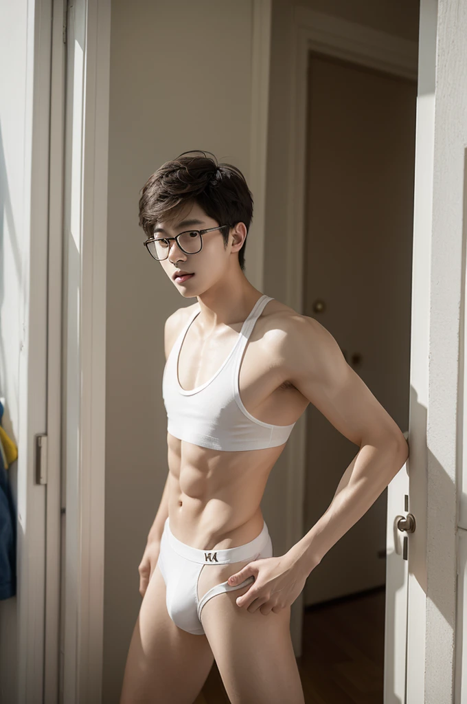 1  Korean handsome nude guy, one person, white tank top ,wearing white bikini underwear, nude ass,Standing with turn back to friends, facing halfway, wearing eyes glasses , another person wearing a student uniform,Standing at the iron fence in front of the front door.