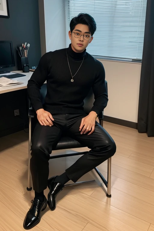 Asian man, handsome, company CEO, in his office, plain black sweater dress, dress gray pants, black silk stockings and black shiny shoes, seated, with legs open, with a bulge in his pants in the crotch, looking seductively, in a white light, sexy, touching his bulge
