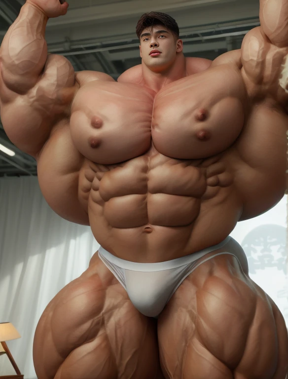 1boy, chinese, giant bodybuilder, stand, illuminating light, strong body, bulk, large size, staring, standing, armpit, in the white photo studio, nude, white triangular underwear, prominent bulge, extraordinary big, brutalmass, giant, muscular body, bulk, buff, massive body, large meaty body size, extremely wide body
