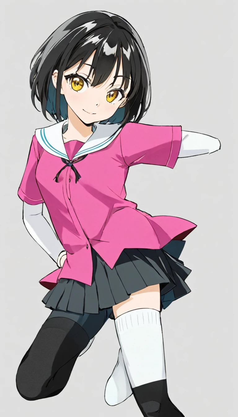 Draw a simple anime-style character. The character will have the following characteristics

Hair: The character has short black hair with straight-cut bangs. Part of the hair is tied back short.
Expression: The character has large eyes, a small nose, and a wide-mouthed smile. The eyes are large white with a black pupil in the center.
Clothing: The character wears a bright yellow collared shirt with short sleeves. The collar of the shirt is orange and is designed to stand out.
Skirt: The character wears a bright pink flared skirt. The skirt is above the knee and simple in design.
Socks: The character wears white socks. The socks are calf high, simple and plain.
Pose: The character holds his right hand out to the side and his left hand extended slightly downward. The legs are standing together, giving the overall impression of energy and activity.
Color: The character's colors are very bright, with the yellow of his shirt, the pink of his skirt, and the white of his socks. Lines are black and clearly outlined.
Background: The background is white, with nothing painted to highlight the character. The focus is on the character itself.
The overall design of the character is simple, with clear lines and bright colors. The design is friendly and is intended to have a children's cartoon style.