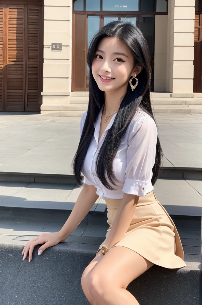 Rooftop of university building, 4th year university student, ((full body)), ((photo)), ((best qualtiy, 8K, tmasterpiece:1.3)), Focus:1.2, perfect figure beautiful girl:1.4, 1girl, cowboy shot, look at viewer, eyes facing the camera, incredibly absurd, beautiful and cute girl with a photorealistic face, showcasing top-quality craftsmanship, A Japanese girl watching the sunset on the roof of a university building, 19 years old, long, straight, silky black hair, fair skin, big eyes, thin eyebrows, double eyelids, long eyelashes, pink lips, smile, devilish smile, gorgeous features, well-defined facial features, beautiful face line, mysterious beauty, slender, tall, well-balanced proportions, large E-cup breasts, white shirt, tight black skirt, beige pumps, gold necklace and bracelet, small earrings, elegant ring, pretty girl, beauty, devilish type, pretty older sister, passionate about art, sociable, friendly, positive, has leadership skills, is proactive, is flexible, gets things done efficiently, works hard towards dreams and goals, March