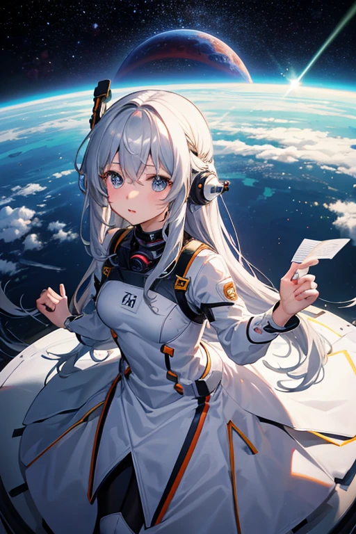 masterpiece, Highest quality, High resolution，Follow the on-screen instructions、Anime Style、Follow the prompts、One Girl、Long silver hair、、universe space、Confused、Spacewalk、Reaching out to the earth、Adrift in Space