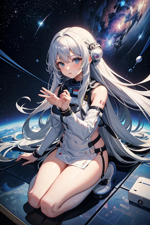 masterpiece, Highest quality, High resolution，Follow the on-screen instructions、Anime Style、Follow the prompts、One Girl、Long silver hair、、universe space、Confused、Spacewalk、Reaching out to the earth、Adrift in Space