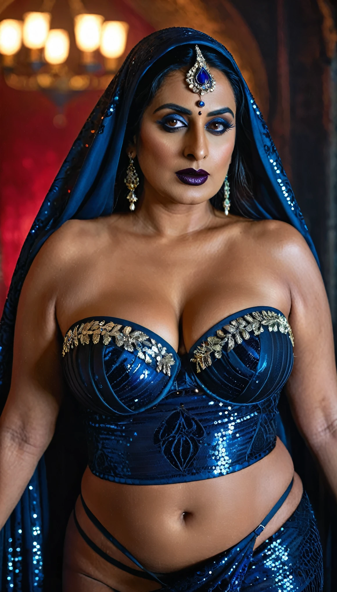 Looks like Mahie Gill, full body Closeup shot, Big chubby aunty, milf, cougar lady witch, horny Gothic milf,  70 years old gorgeous mature lady, pervert demoness, demoness of lust, curvy, black lips, horny face, extremely gorgeous, thick figure, heavy physique, voluptuous, curvy, sexy figure, Fashionable portrait of androgynous alien looking witch wearing veil, glowing eyes, futuristic design, minimal details, givenchy, photoreal, 200mm, hd, f/ 2.0, highly detailed, surreal, sexy beautiful evil woman, sexy bold sequin Saree with strapless Bra, chudail, Pishachini, horror genre, blood-thirsty enchantress, powerful female spirit, eerie, drop dead, in the style of red and blue, (intricate details, hyperdetailed:1.15) (skin texture:1.2), dark Moody tone, cinematic lighting, haunted place in background, 