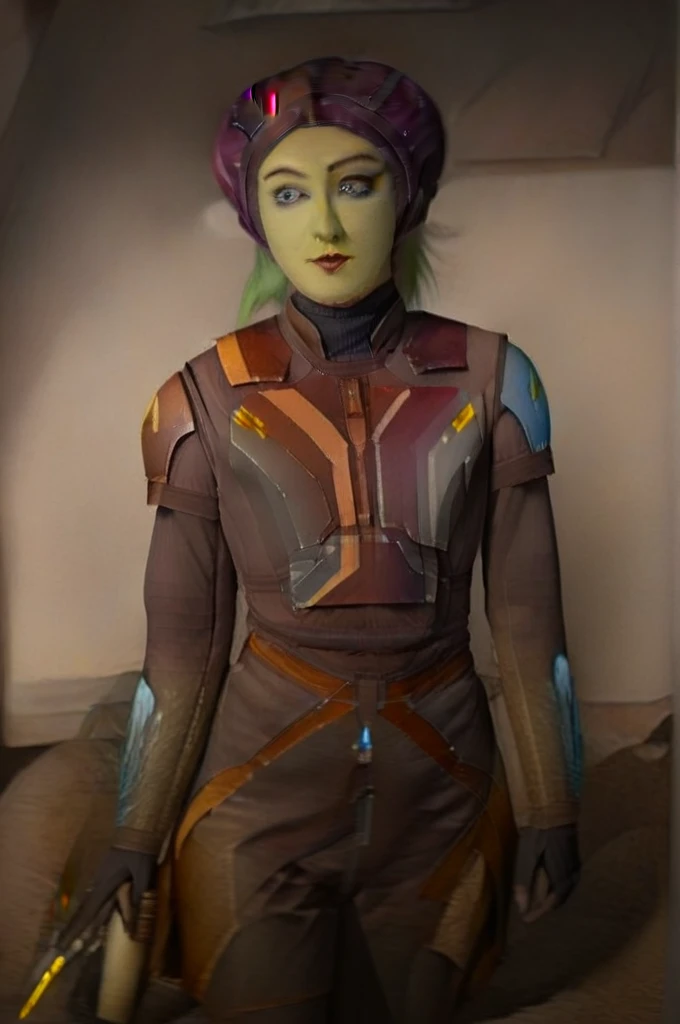 cinematic film still star wars hera syndulla sigh at tequila wolf score_9, score_8_up, score_7_up, score_6_up, score_5_up, score_4_up, ((( hera syndulla ))) wearing wearing armor , blue eyes, tentacle hair, ((( hera syndulla ))) , green skin, colored skin, facial mark, medium breasts, ((black with red trim flame dress skirt)), no pants, bare shoulders, guantlets, hip armor, skirt, pants, brown boots, solo, seductively lying on bed in her lingerie, nude ,seductive smile, looking at viewer, indoors
