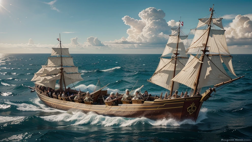 A dramatic illustration of the Battle of Actium, according to the season on September 2, 31 to.c. with ships from the time of ancient Egypt and Romans rowing and attacking Cleopatra's fleet