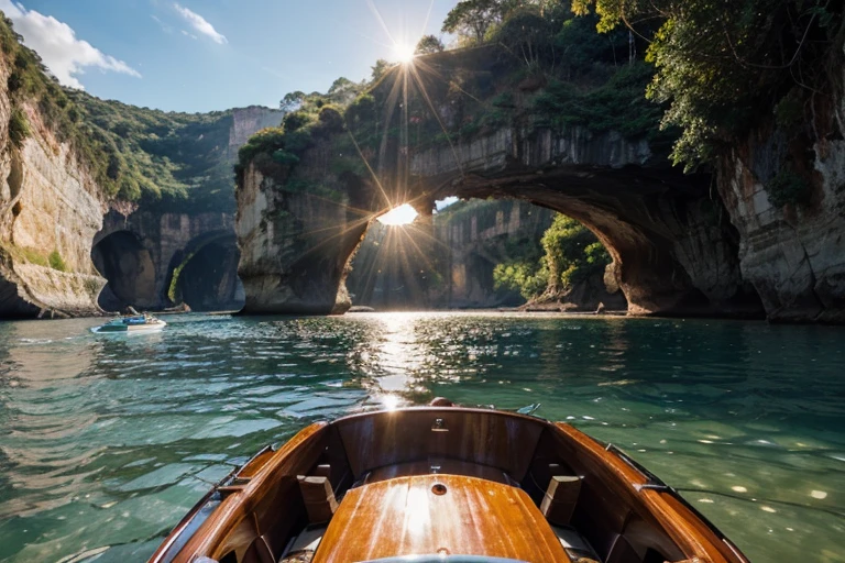 realistic photo closeup of a ((nice motorboat)) lit by the sun, beautiful water caves in background, beautiful colors, 4k, detailed, details, HD