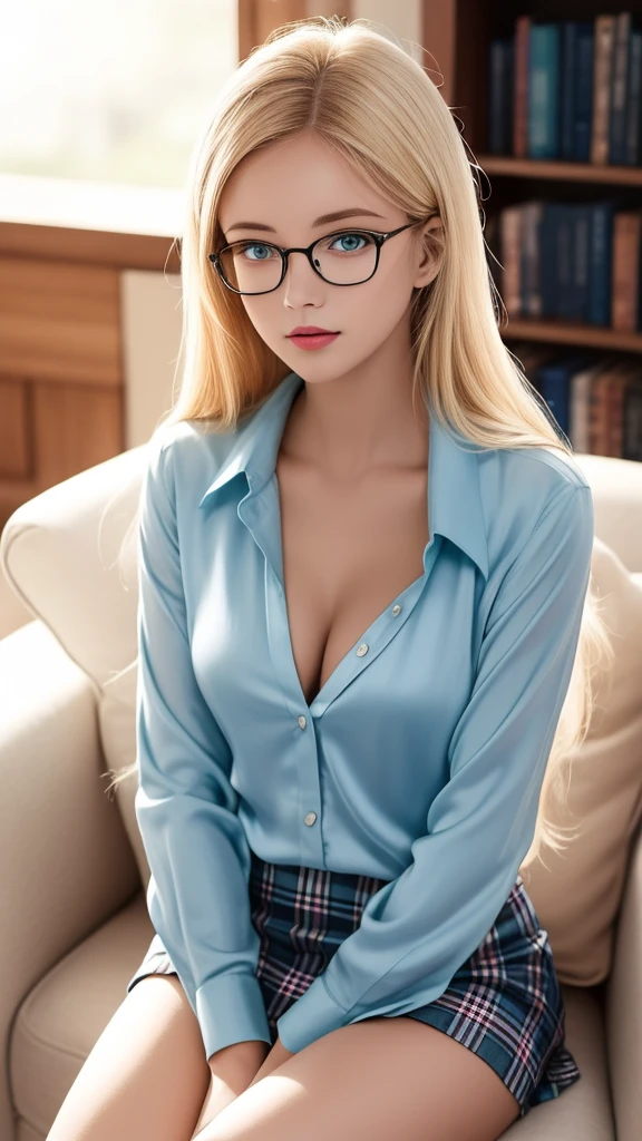 gorgeous blond geek named Lora ,sitting on a desk behind computer , glamour pose,