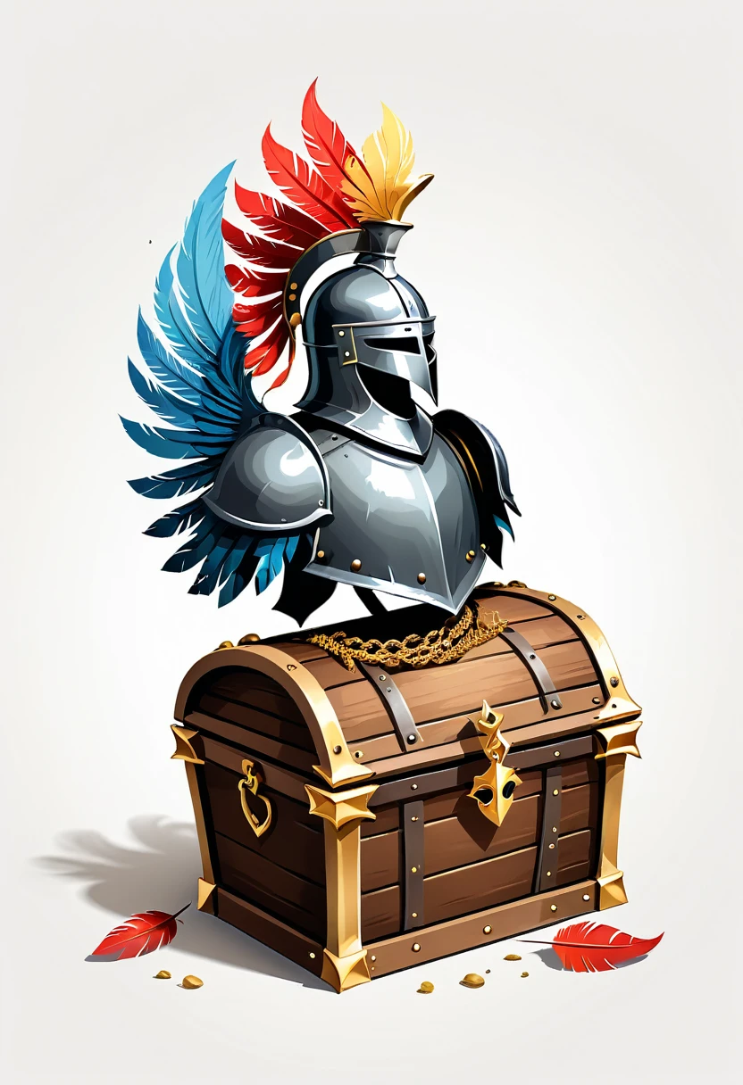 Create a vector treasure chest, simple and open, knight's crown and helmet with feather flying out of chest, white background