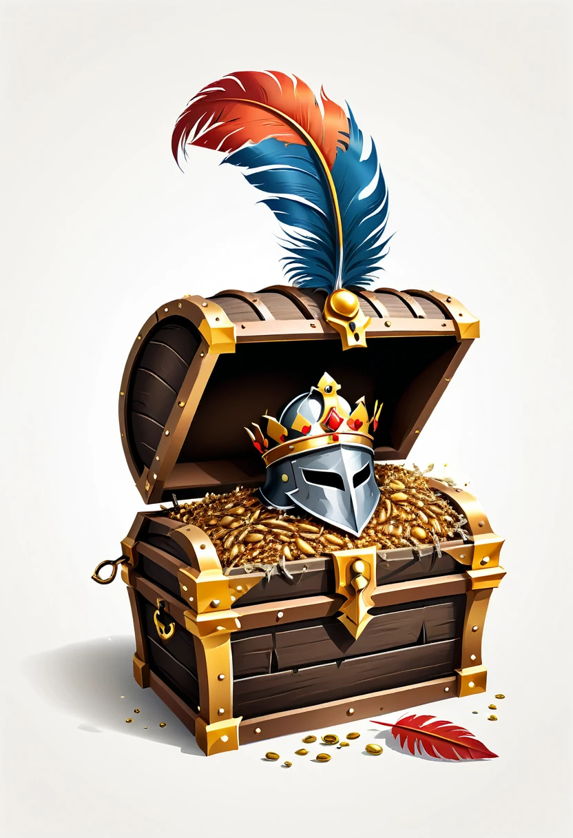 Create a vector treasure chest, simple and open, knight's crown and helmet with feather flying out of chest, white background