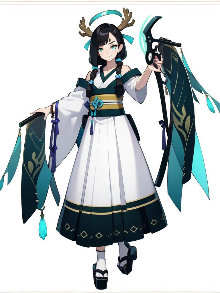 (1 girl),  (((solo))), Full length standing painting, (solo), clear  features, (antler，Forest elements)，Simple line design, (( in this style, character design)),  1 girl, One, masterpiece, Best quality, high quality, a high resolution, 4K, Looking at the viewer, rainbow medieval girl, concept, halo overhead, full length, standing on my feet, shorts, silver bracelets, dressed, ( fire crossbow in bows ), onmyoji detailed art, Standing Character Drawings, ((flat colors)), tmasterpiece，top quality，Best quality，ultra high resolution, ((clear  features，beautiful eyes，Beautiful face, Exquisite  features))