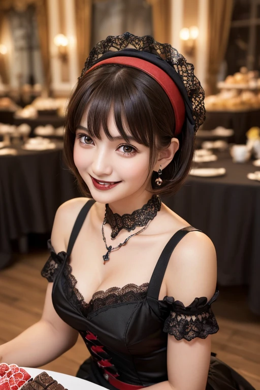 girl, White skin, ((Dark brown short tiered hair)), V cut with layers and bangs, Brown eyes, Soft atmosphere characteristics (Highest quality, Ultra-high resolution, 8k, RAW Photos, Ultra-high resolution: 1.2, masterpiece: 1.3), (Realistic, Realistic: 1.37), Very detailed, Professional Lighting, Photon Mapping, Radio City, 物理ベースレンダring, One Girl, (high school girl), Sharp focus:1.2、Beautiful woman:1.4,cute, Nice, Adorable smile, Normal chest, Cross Necklace、Earrings、ring,(Cleavage)、((Dark brown short hair)),(A cute toothy smile),(((Gothic ta Cafe, black and red tablecloth, Lace tablecloth, Sweet treats, Black tea, Elegant smile)))