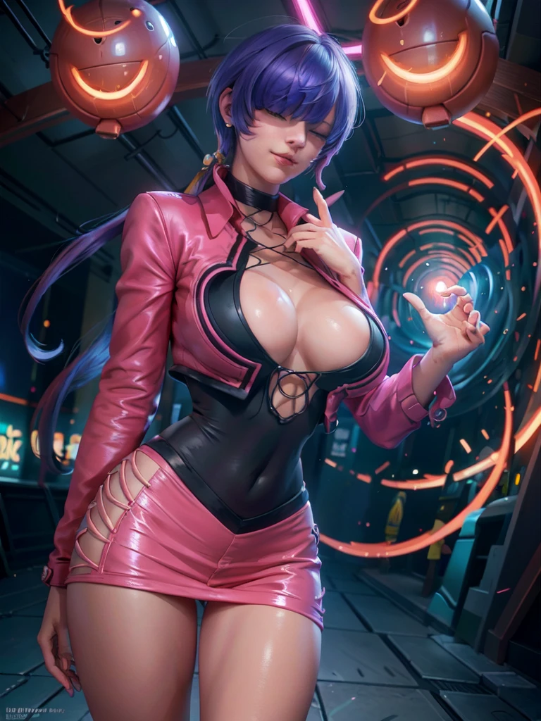 (night), in a video game scene with a neon background and a neon light,
Standing at attention,
pink suit, pink jacket, choker, neckline, clothing cut, 
earrings,
 purple hair, eyes completely covered by hair bangs ((hair over eyes)),
1 girl, 20 years old, Young woman, Beautiful finger, Beautiful long legs, Beautiful body, Beautiful nose, Beautiful character design, perfect face,
looking at viewer (focusing on his face), mouth closed, Light_Smile,
official art, extremely detailed CG unity 8k wallpaper, perfect lighting, colorful, bright front lighting, shiny skin,
(masterpiece: 1.0), (best_quality: 1.0), ultra-high resolution, 4K, ultra-detailed,
photography, 8K, HDR, high resolution, absurdities:1.2, Kodak portra 400, film grain, blurred background, bokeh:1.2, lens flare, (vibrant_color:1.2), professional photography,
(Beautiful, big_breasts:1.4), (beautiful_face:1.5), (narrow_waist),